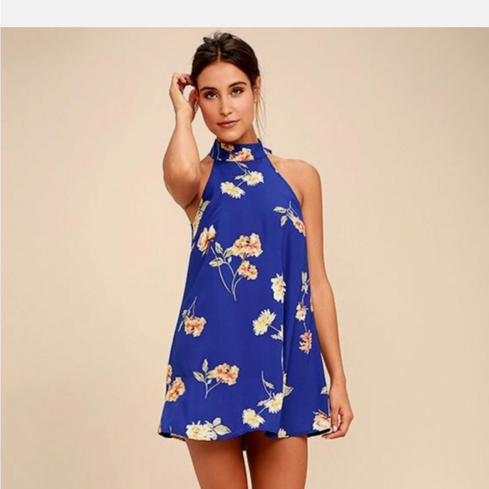 Lulus Royal Blue Floral Halter Mini Dress - Size XS